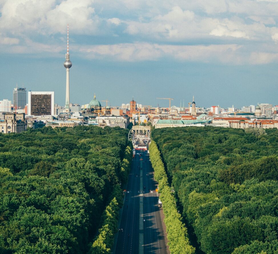 Straße mit Bäumen auf beiden Seiten und Fernsehturm im Hintergrund.